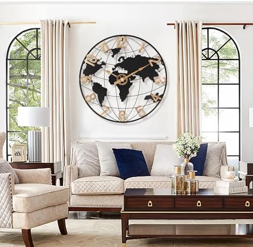 Pytha Sight 24 Inch Large World Map Vintage Gold Arabic Numerals Wall Clock - Image 6