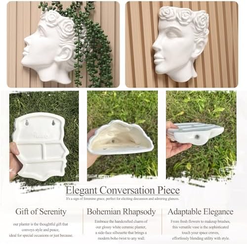 Side-Face Ceramic Planter – Glossy White, Wall-Hanging, - Image 4