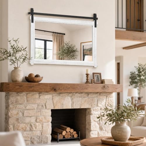 Besdomus Farmhouse Bathroom Vanity Mirror: 42"x28" White Rustic Barn Door - Image 4