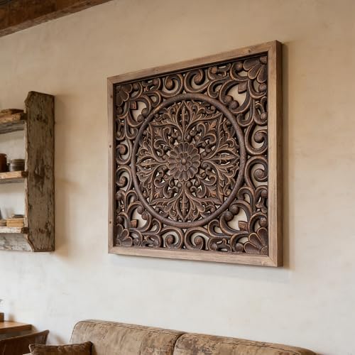 XIAOAIKA Boho Carved Wood Wall Art Panel, Floral Mandala, Distressed Brown by XIAOAIKA