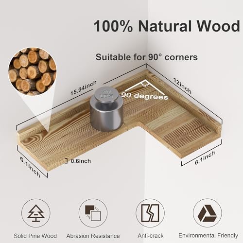 4 Tier Corner Floating Shelves Set of 4, Rustic Pine Wood Corner Shelves - Image 2