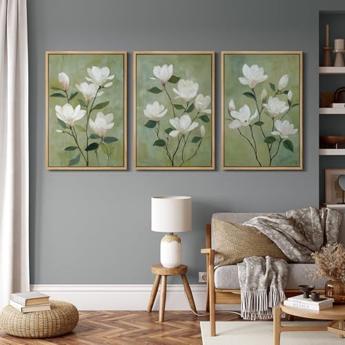 MUDECOR Framed Canvas Print Wall Art White Magnolia Floral Soft Green Botanical - Image 4