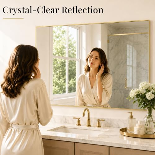 40"x30" Brushed Gold Framed Rectangle Bathroom Vanity Wall Mirror - Image 4