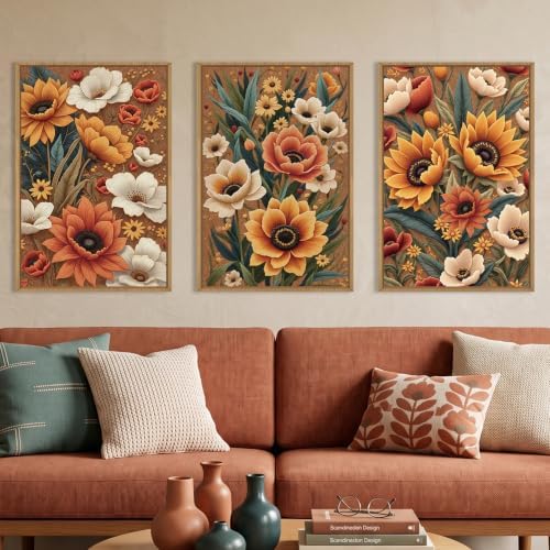 Large Boho Flower Botanical Framed Canvas Wall Art, Abstract Floral Wall Decor by Unknown