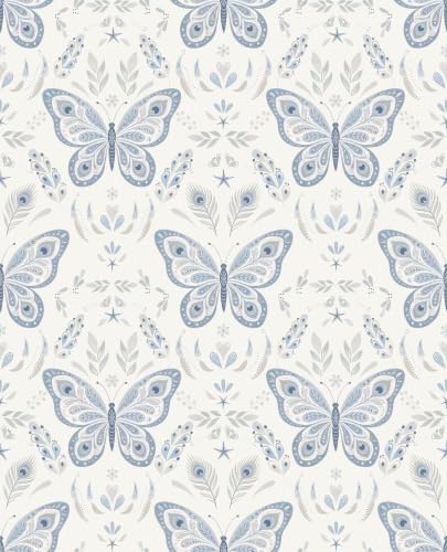 Laatse Symmetrical Butterfly Wallpaper Peel and Stick 17.5"x118", Cream Blue by Laatse