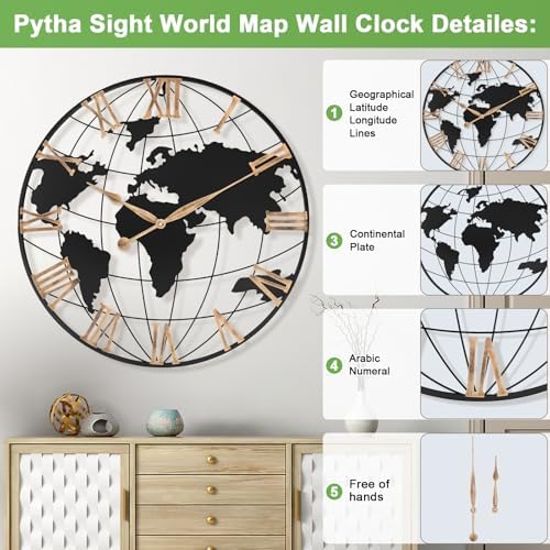 Pytha Sight 30 Inch Large Extra Giant Oversized Metal World Map Wall Clock - Image 2