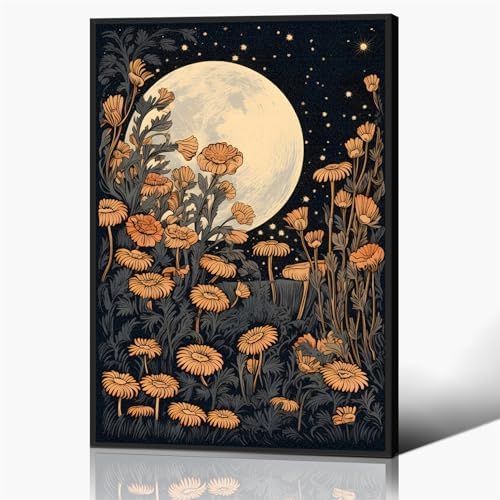 Vintage Moon Flowers Canvas Wall Art, Retro Mystical Celestial Moon Poster by Yuaruo