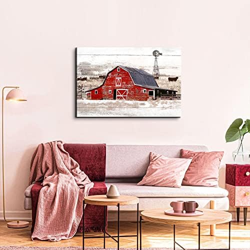 AREBOLO Red Old Barn Wall Art Country Windmill Wall Decor Rustic Farmhouse - Image 3