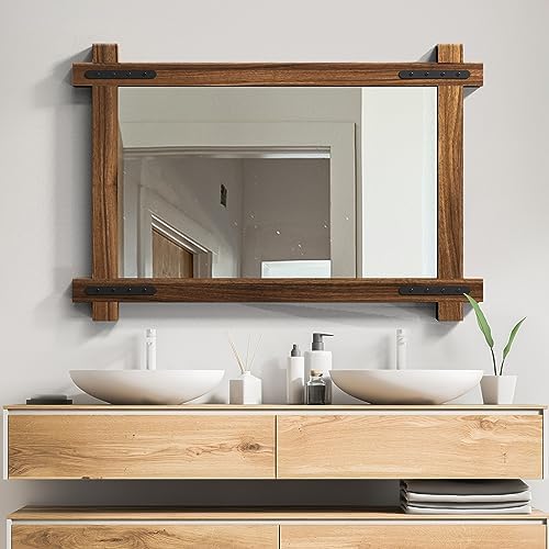 YOSHOOT Farmhouse Wood Bathroom Mirror, Round Corner Vanity Mirror - Image 4