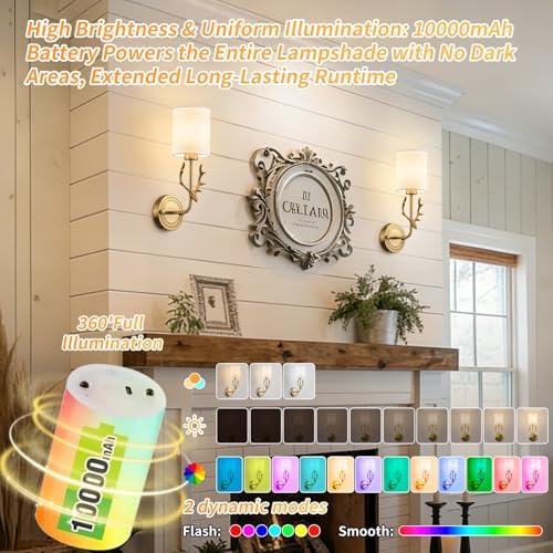 Cordless Wall Sconces Set of 2, 10000mAh Rechargeable RGB LED Lamps, Retro - Image 3