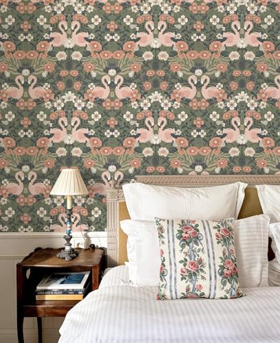 Heroad Green Peel and Stick Wallpaper Vintage Floral Flamingo Contact Paper - Image 2