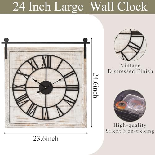 24 Inch Large Rustic Wall Clock, Farmhouse Square Wood Frame - Image 4
