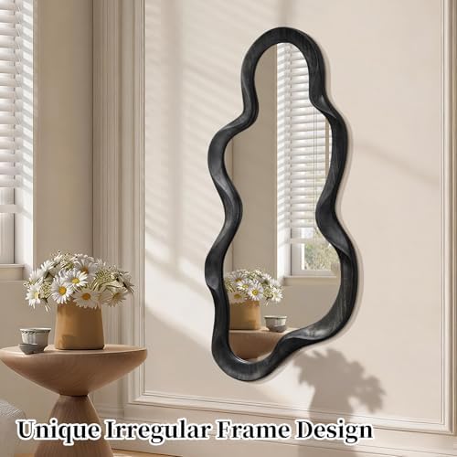 Black Asymmetrical Mirror, Wall Irregular Wood Frame Wavy Wall Mirror - Image 2