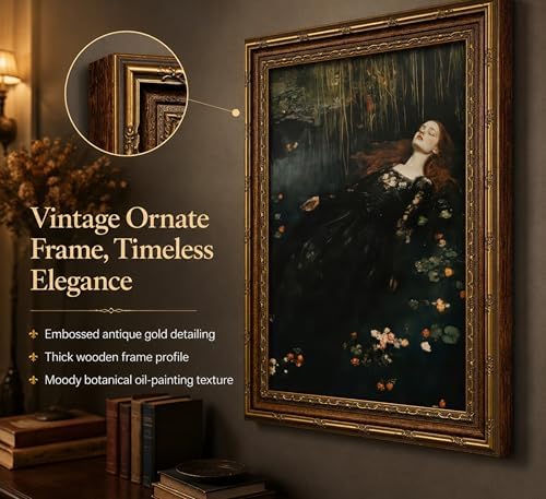 Vintage Gold Framed Ophelia Wall Art, Victorian Gothic Oil Painting Canvas Print - Image 3