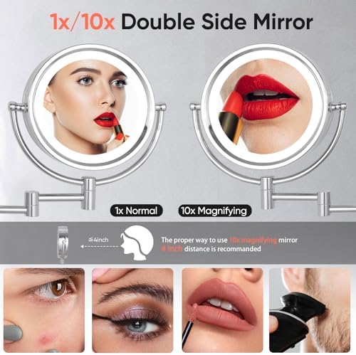 GURUN Hardwired LED Makeup Mirror Wall Mount Extendable Touch Chrome 10x - Image 3