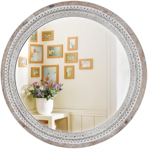 24'' Round Wall Mounted Mirror, Wood Decorative Circle Mirrors, Boho Mirrors by Toolteng