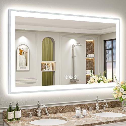 55x36 Inch Brushed Nickel LED Bathroom Mirror, Backlit & Front Lit by Awandee