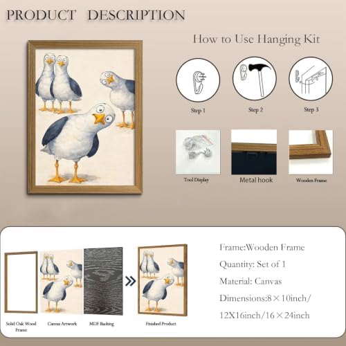 Framed Funny Seagull Wall Art Cute Bird Canvas Print Coastal wall Decor - Image 6