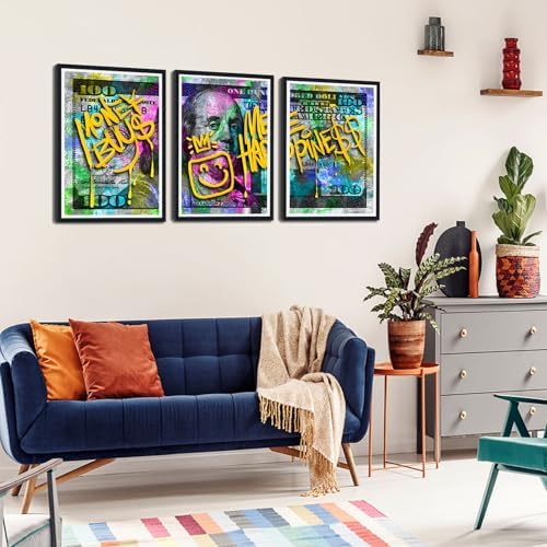 Black Framed Canvas Wall Art 100 Dollar Money Buy Me Happiness Painting 3 Panels - Image 2