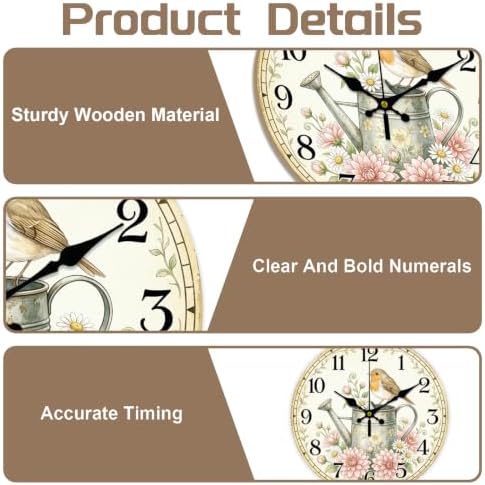 Watering Can Bird Wall Clock Silent Non-Ticking 12" - Image 3
