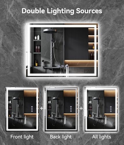 36x24 inches LED Bathroom Mirror Anti Fog Adjustable Brightness Backlit Front - Image 3