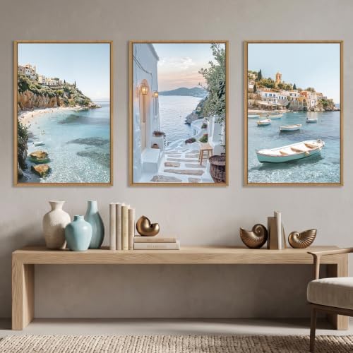 Aryroi Greek Island Coastal Scenery Framed Canvas Wall Art Set- 24"x36"x3 - Image 2