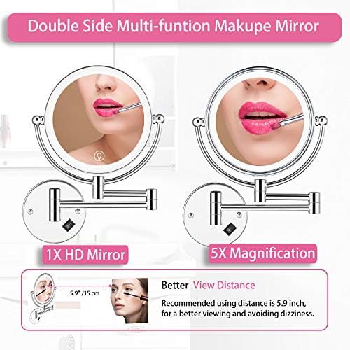 Wall Mounted Lighted Makeup Mirror, 8 Inch Double-Sided 1X 5X Magnifying Mirror - Image 4