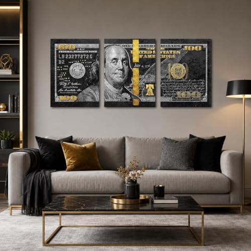 Yatsen Bridge Money Wall Art Black and Gold 3 Panel 100 Dollar Bill Canvas Print - Image 2