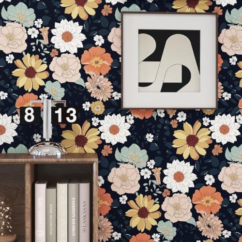 17.7" x 118" Boho Peel and Stick Wallpaper Navy Blue Flower Leaf Vintage Floral - Image 2