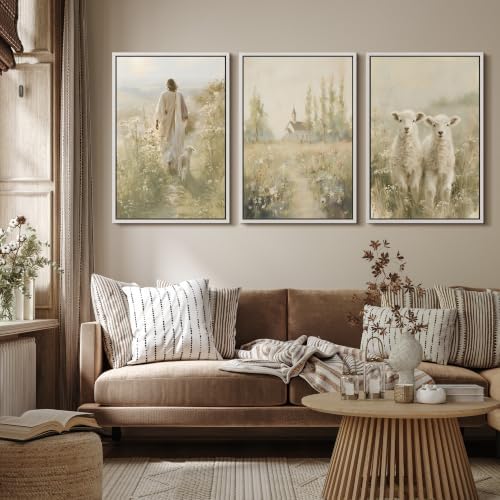 MUDECOR Framed Canvas Print Wall Art Set Jesus and Lambs - Image 4