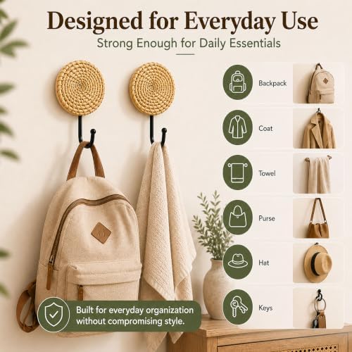 Large Decorative Wall Hooks 2 Pack Woven Rattan Boho Coat Hooks - Image 3