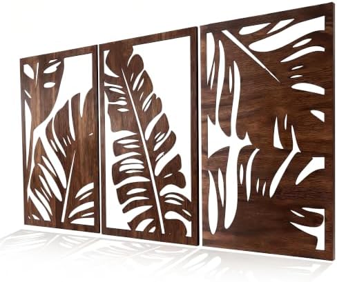 Motivilla Wood Wall Art Set of 3, Dark Leaf Decor - Image 2