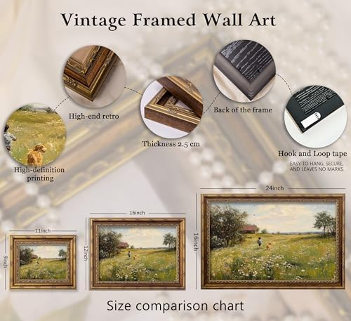 Vintage Gold Framed Wall Art Dog and Boy Landscape Painting Canvas Prints Retro - Image 5