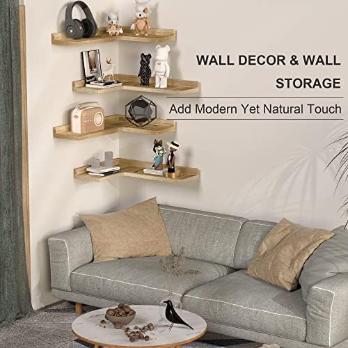 4 Tier Corner Floating Shelves Set of 4, Rustic Pine Wood Corner Shelves - Image 4