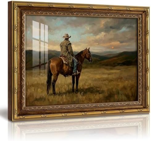 Gold Framed Western Wall Art, Cowboy Riding Horse Wall Decor, 13x16 Inch by InSimSeaArt