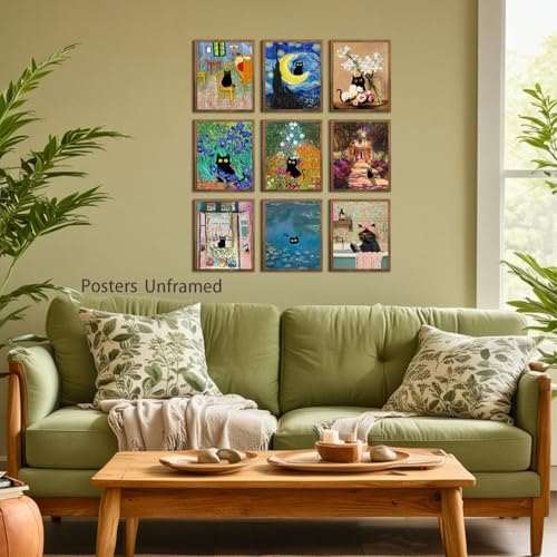 XIANGRUI Cute Cat Wall Art Set of 9, Vintage Black Cat Prints 10x8In - Image 2