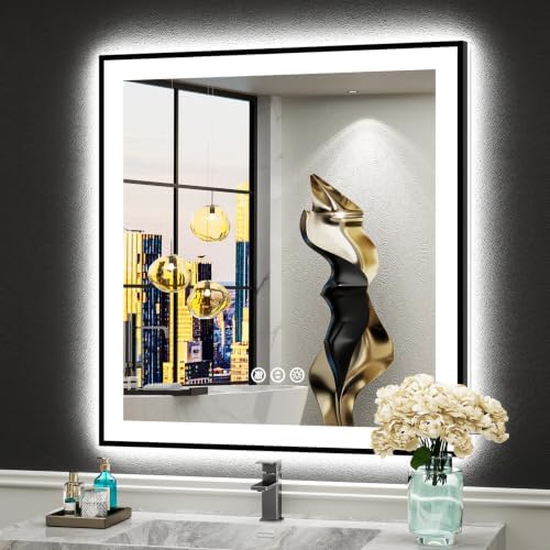 30x30 Black LED Bathroom Mirror, Backlit & Front Lit Lighted Mirror by Awandee