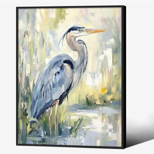 Blue Heron Canvas Wall Art Watercolor Sea Bird Poster 12X16 inch Black Framed by Unknown