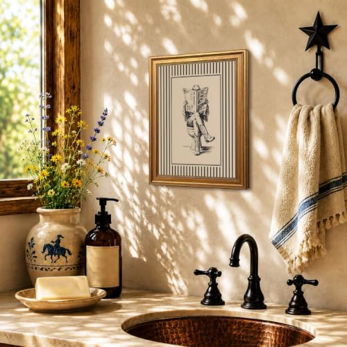 Vintage Gold Framed Western Bathroom Wall Art, Funny Cowgirl Reading Newspaper - Image 2