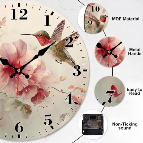 12" Silent Wall Clock, Round Wall Clock, Hummingbird and Pink Flowers - Image 3