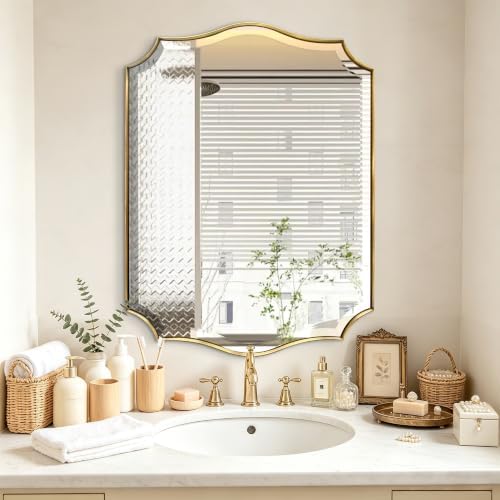 POZINO 30"x22" Premium Brushed Gold Scalloped Beveled Mirror by POZINOmirrorforyourownhomelivingspace