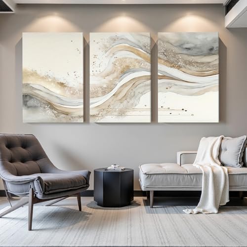 AVECCO Triptych Abstract Gold Grey Wave Wrapped Wall Art Canvas 24x36 Inch - Image 3