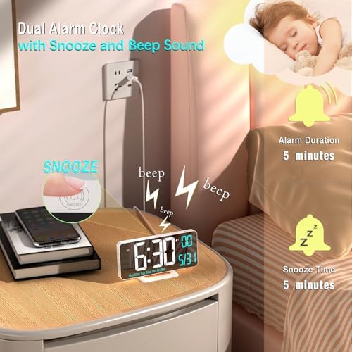KOSUMOSU Digital LED Clocks for Bedrooms 6.7in White Alarm Clock, Day of Week - Image 6