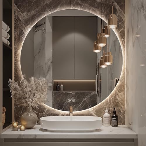 Round LED Mirror for Bathroom, Wall Mounted Vanity Mirror, 3 Colors, IP65 by TheiaMo