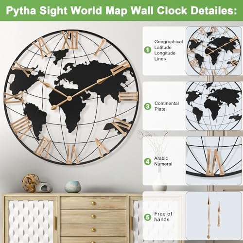 Pytha Sight 36 Inch Large Extra Metal Oversized Roman World Map Wall Clock - Image 2