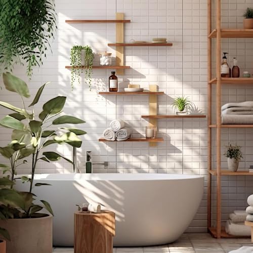 Pinkunn 2 Pack Floating Wall Shelf Mid Century Decor, Natural Wood, 3 Tier - Image 5