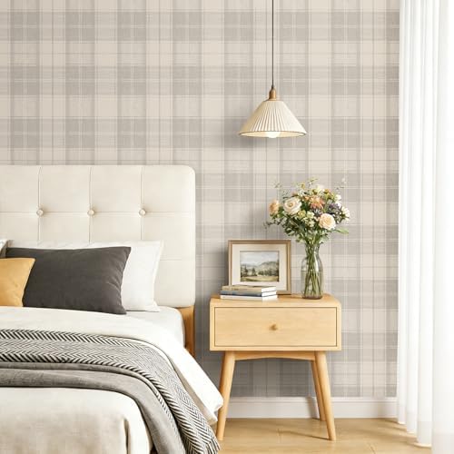 Livelynine 17.5x276 Plaid Peel and Stick Wallpaper Beige Neutral Vintage - Image 2