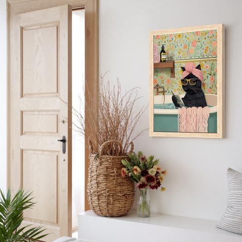 ICHZUMW Framed Funny Black Cat in Bathtub Canvas Bathroom Wall Art 16x24 In - Image 4