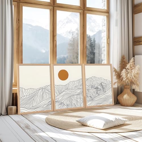 Abstract Wave Line Mountain Framed Canvas Wall Art, Boho Sun Wall Decor - Image 2