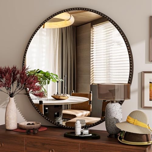 Vintage Round Mirror, 28 Inch Circle Wall Mounted by VETROVUE